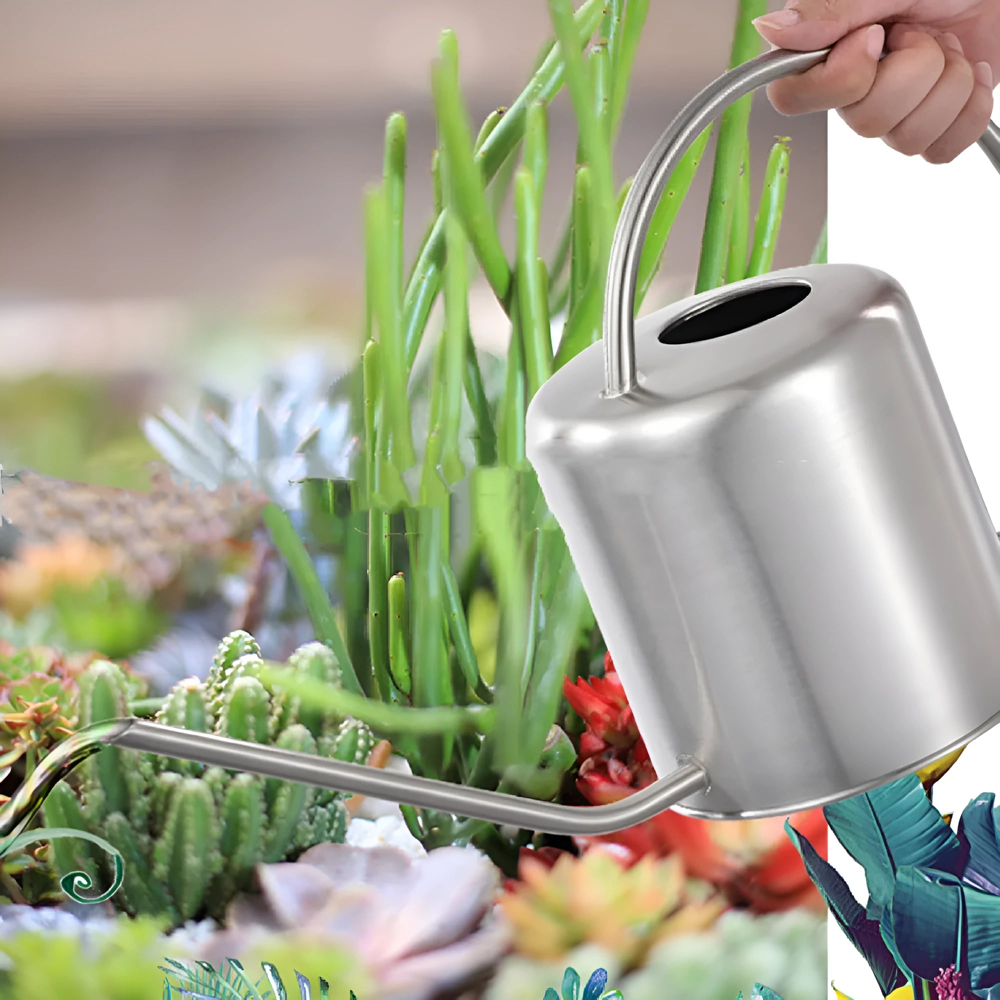 Stainless steel watering can with long spout showing black, gold, and stainless steel colour options