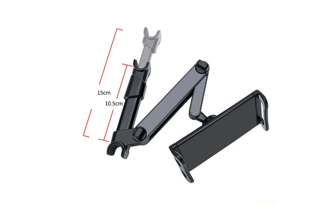 Black universal car phone holder attached to vehicle rear seat base with tablet mounted