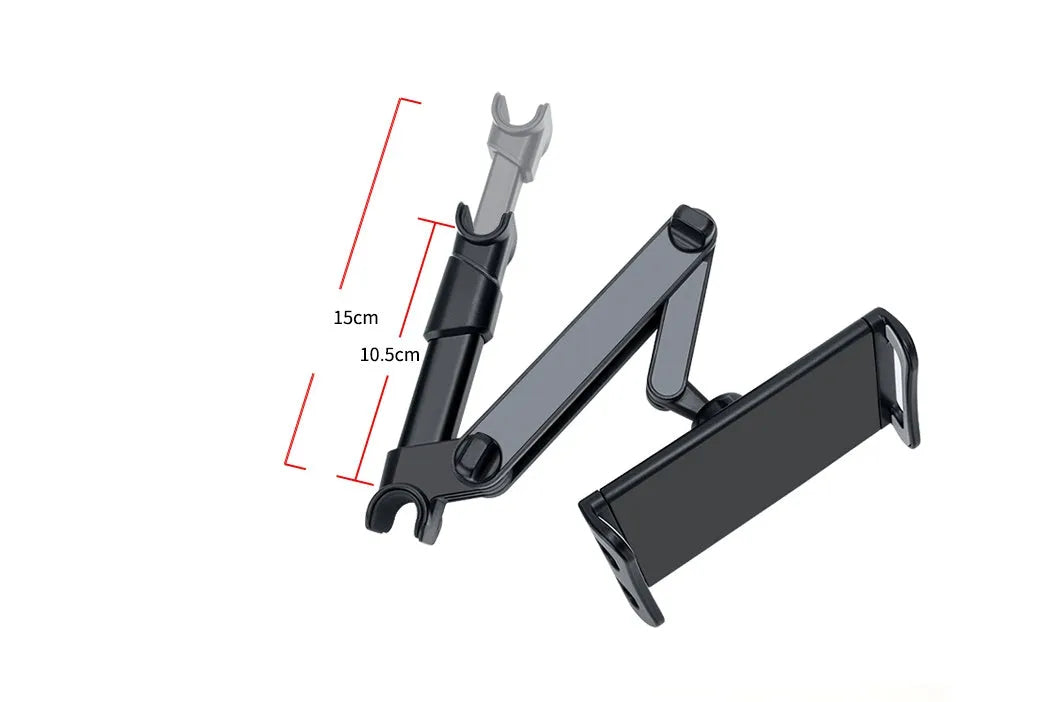 Black universal car phone holder attached to vehicle rear seat base with tablet mounted