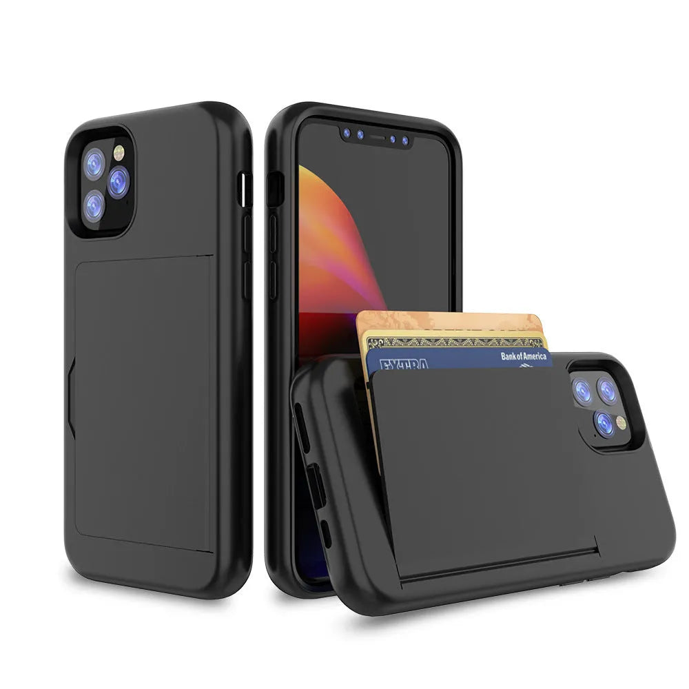 A solid-colour hard back cover case for the iPhone 11, shown in a choice of black, red, pink, blue, dark blue, and purple.