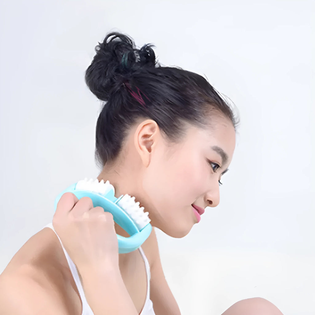 Handheld anti-cellulite massager roller with TPE dot wheels in blue colour on white background