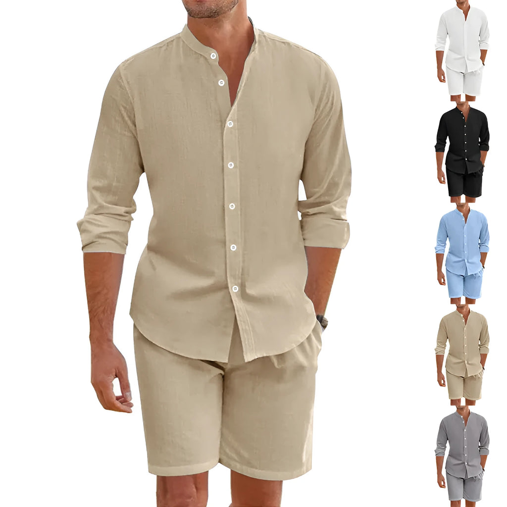 Men's dark grey linen-blend summer suit with short-sleeve lapel shirt and drawstring shorts on a hanger