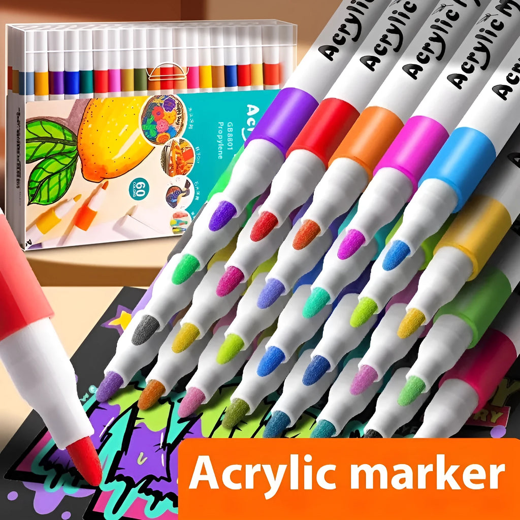 Set of multicoloured acrylic marker pens in a box, suitable for student painting and crafts.