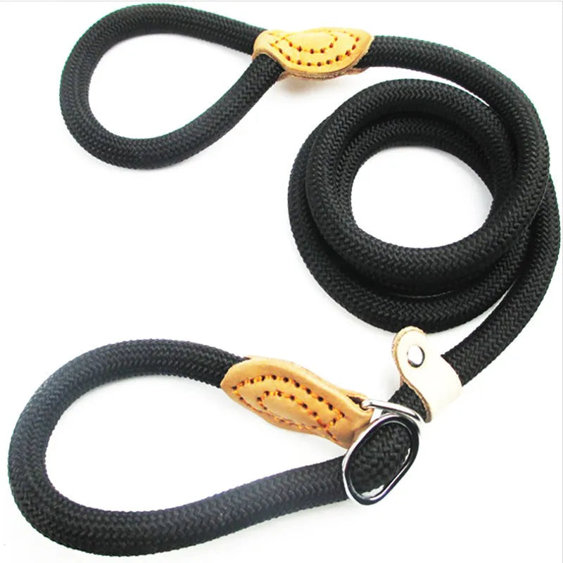 Brown nylon P chain dog leash with hand holding rope measuring 2.1 metres long