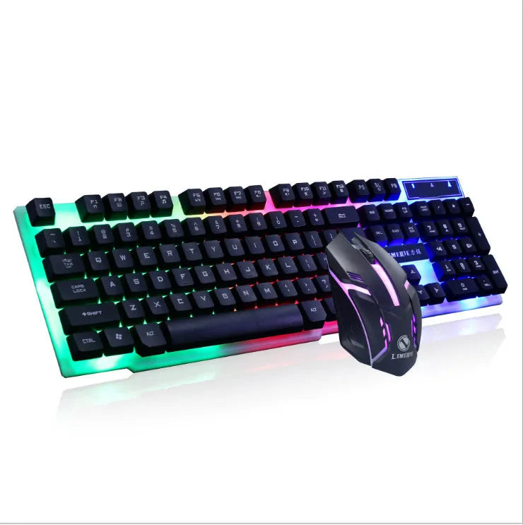 Limei GTX300 white black and black orange glow gaming keyboard and mouse set on desktop