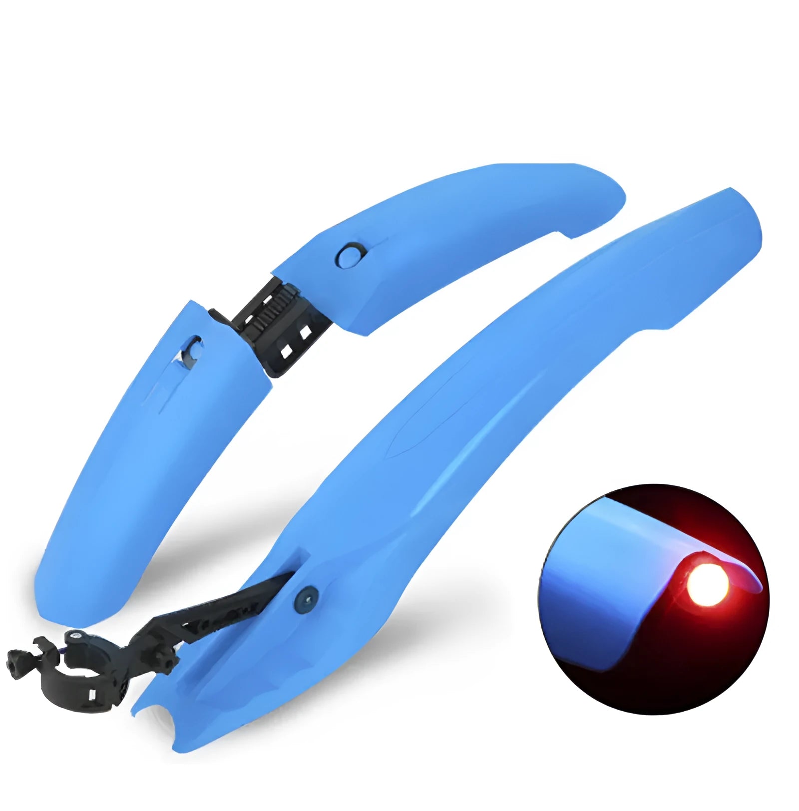 Mountain bike mudguard set with quick-release design, plastic construction, rubber arc ends, and rear tail light, in multiple colours