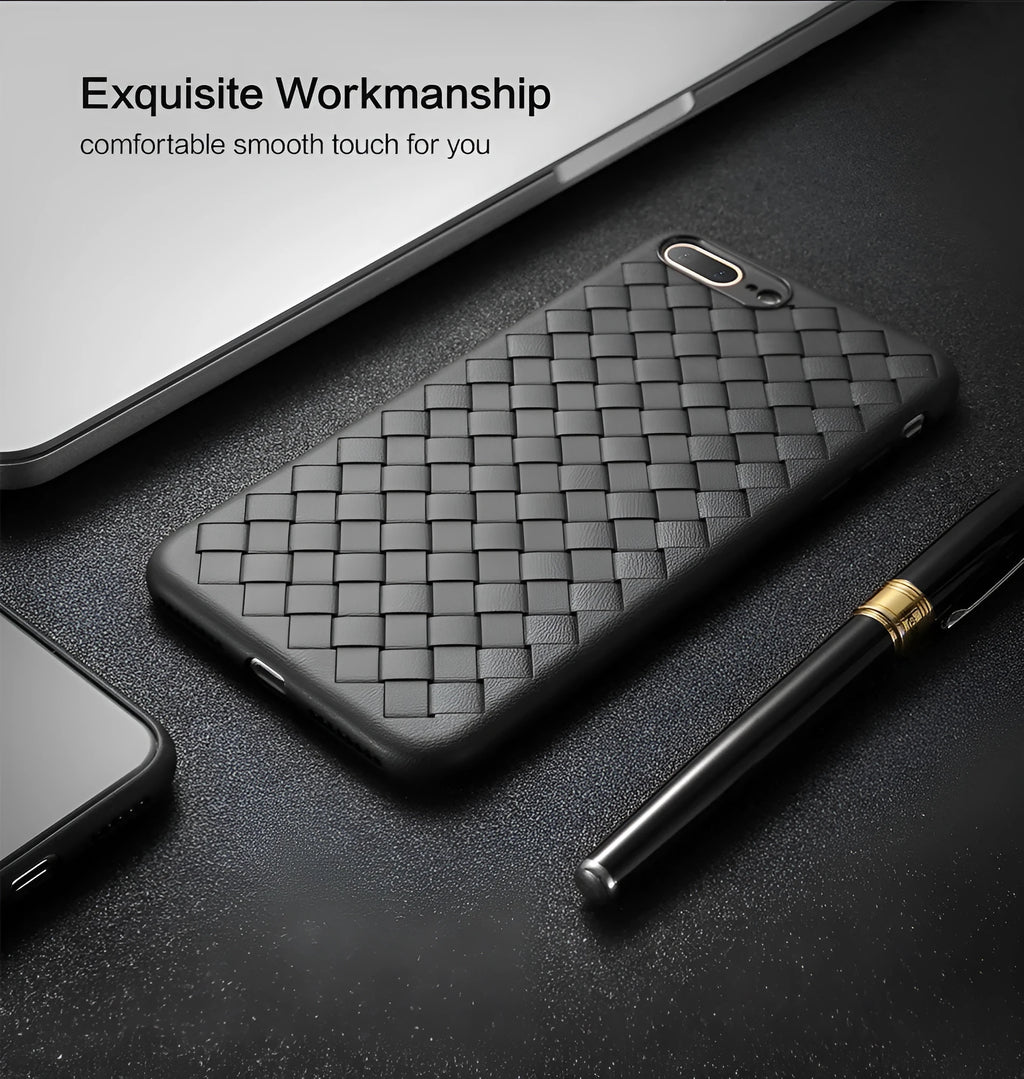 Grid weave pattern iPhone case with raised screen edges and precise port cutouts in various colours