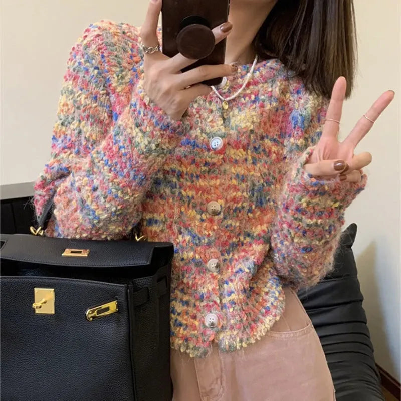 Retro style knitted cardigan in pink and green colours with slim fit design