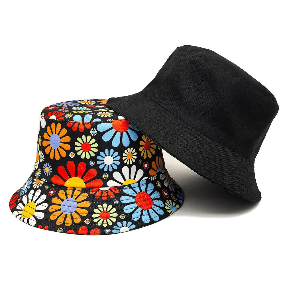 Colourful flower print bucket sun hat with dome crown in polyester fabric