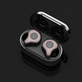 Wireless Bluetooth earbuds and charging case in silver, shown next to a Type-C charging cable.