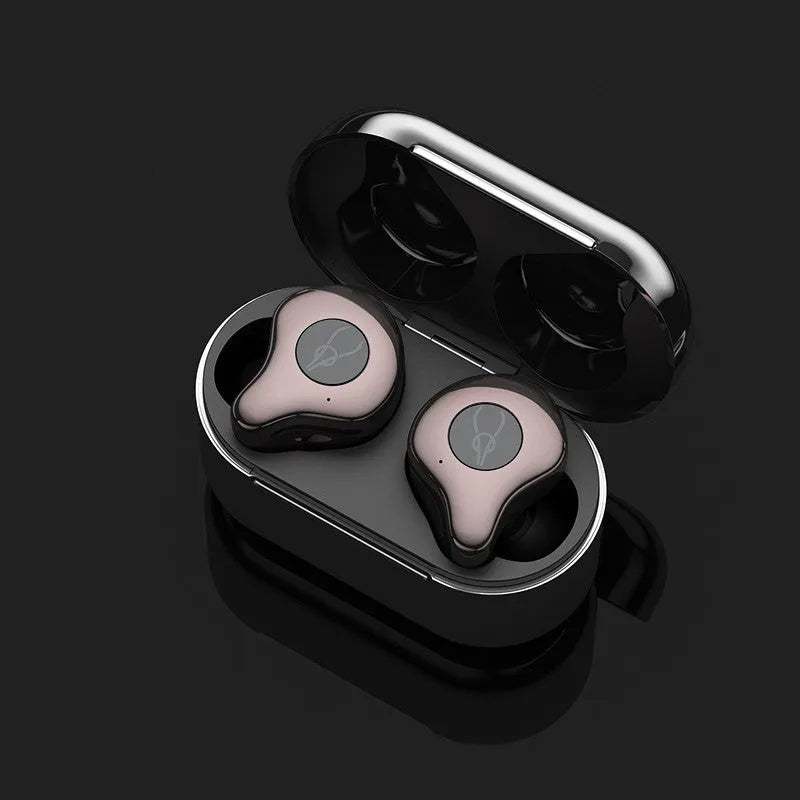 Wireless Bluetooth earbuds and charging case in silver, shown next to a Type-C charging cable.