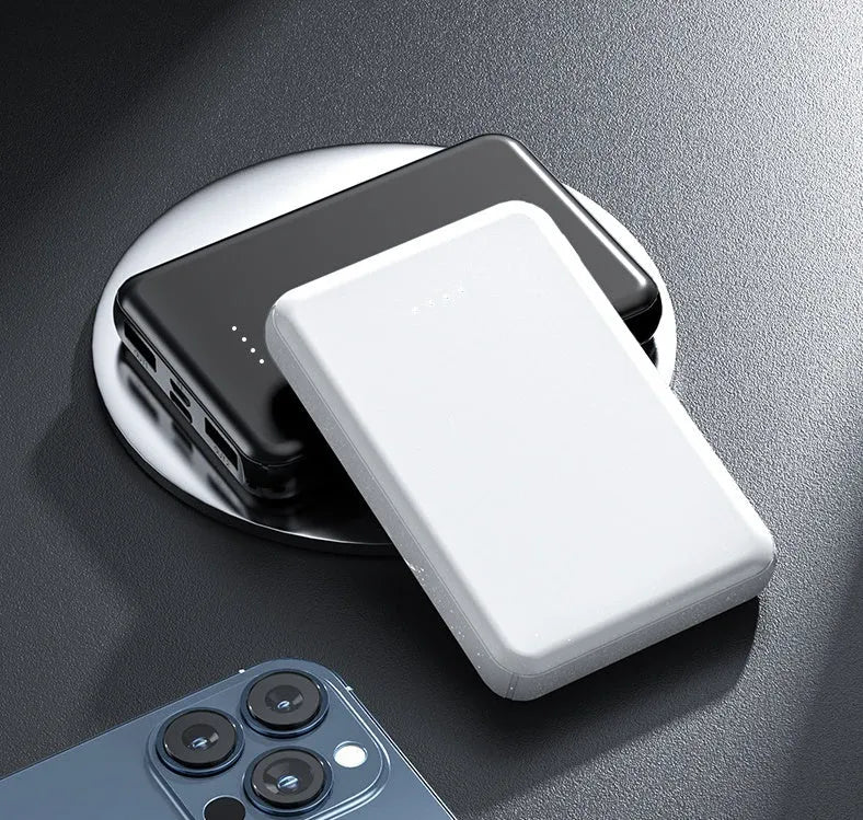 Electric heating vest power bank with USB output in black or white, measuring 97mm by 64mm