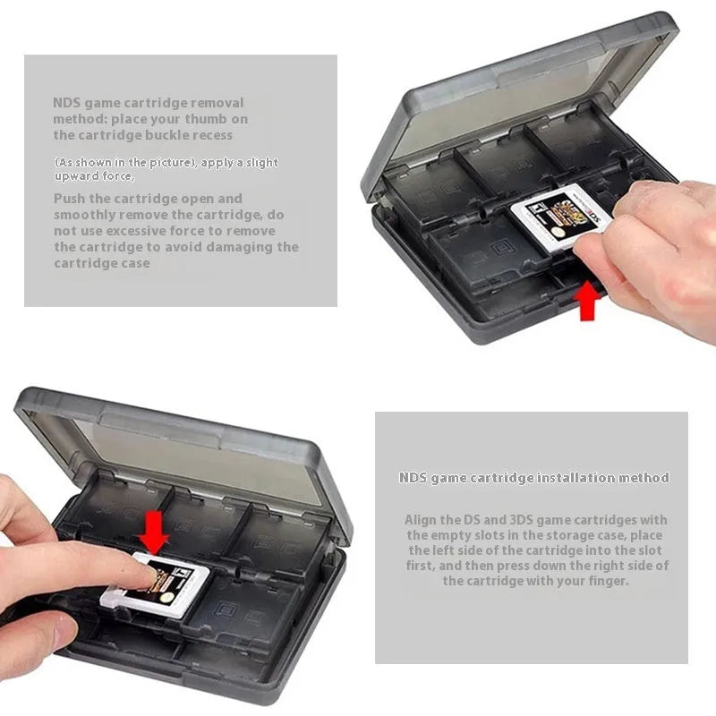 NDS 3DS 24-game card storage box in black blue pink white colours showing game cartridge capacity