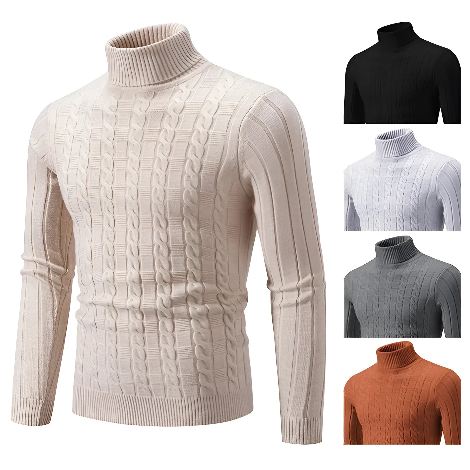 Men's slim twist turtleneck pullover sweater in chenille fabric showing colour options