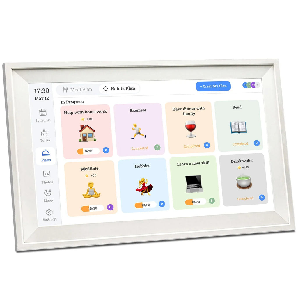White smart digital photo frame with 15.6 inch screen on a wall mount bracket.
