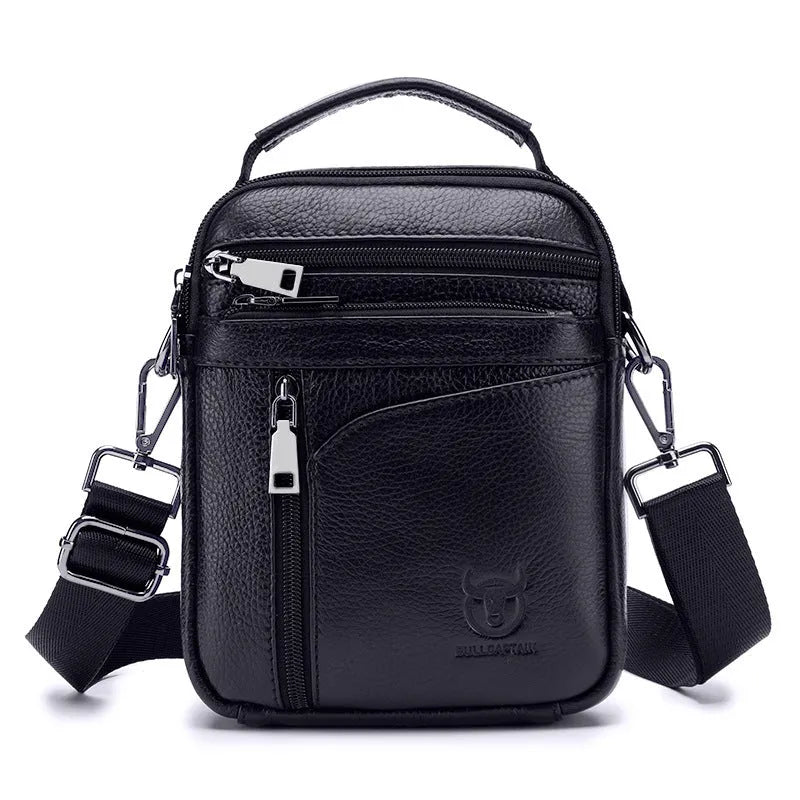 Men's black genuine leather retro style shoulder messenger bag for business casual and travel