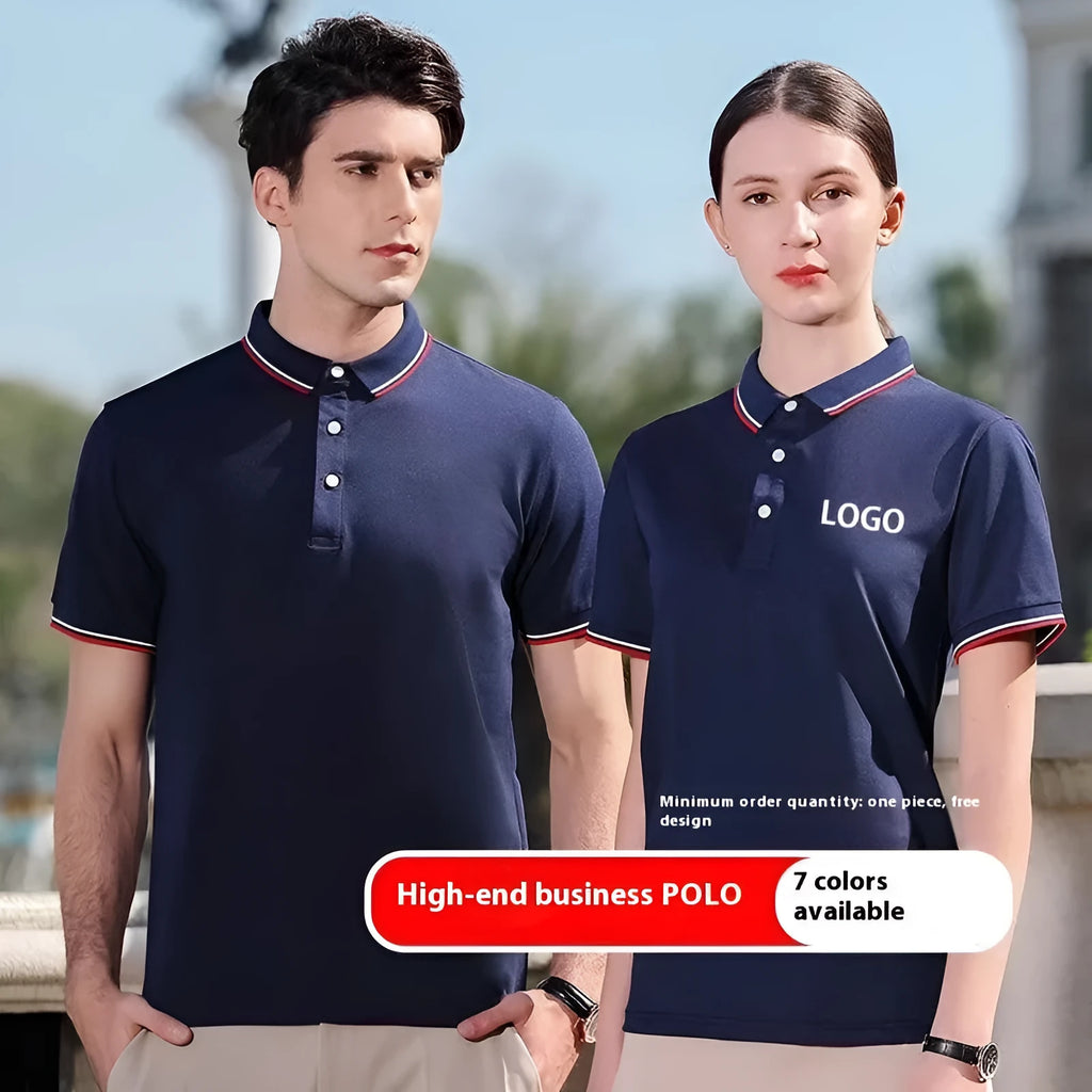 Embroidered lapel short sleeve top for men in navy blue, straight fit cotton ice ion fibre blend summer shirt