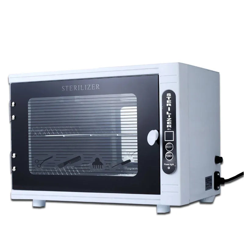 Silver ultraviolet steriliser unit with stainless steel interior for salon tools