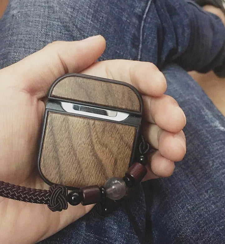 Walnut wooden clamshell case for AirPods 1/2 with vintage solid colour finish and bamboo texture