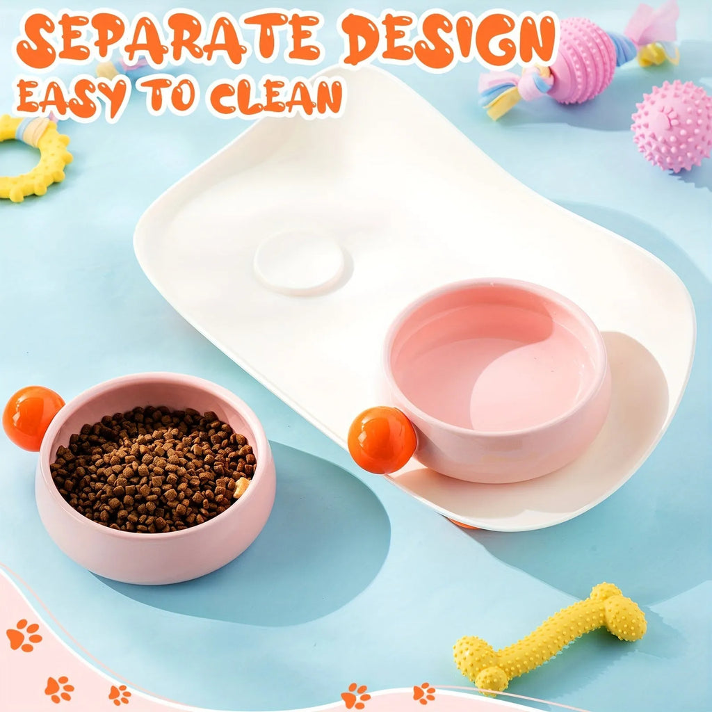 Ceramic raised pet feeder with two bowls for food and water on non-slip base