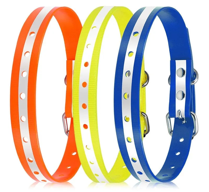 Yellow silicone dog bark suppressant collar with training device on neutral background