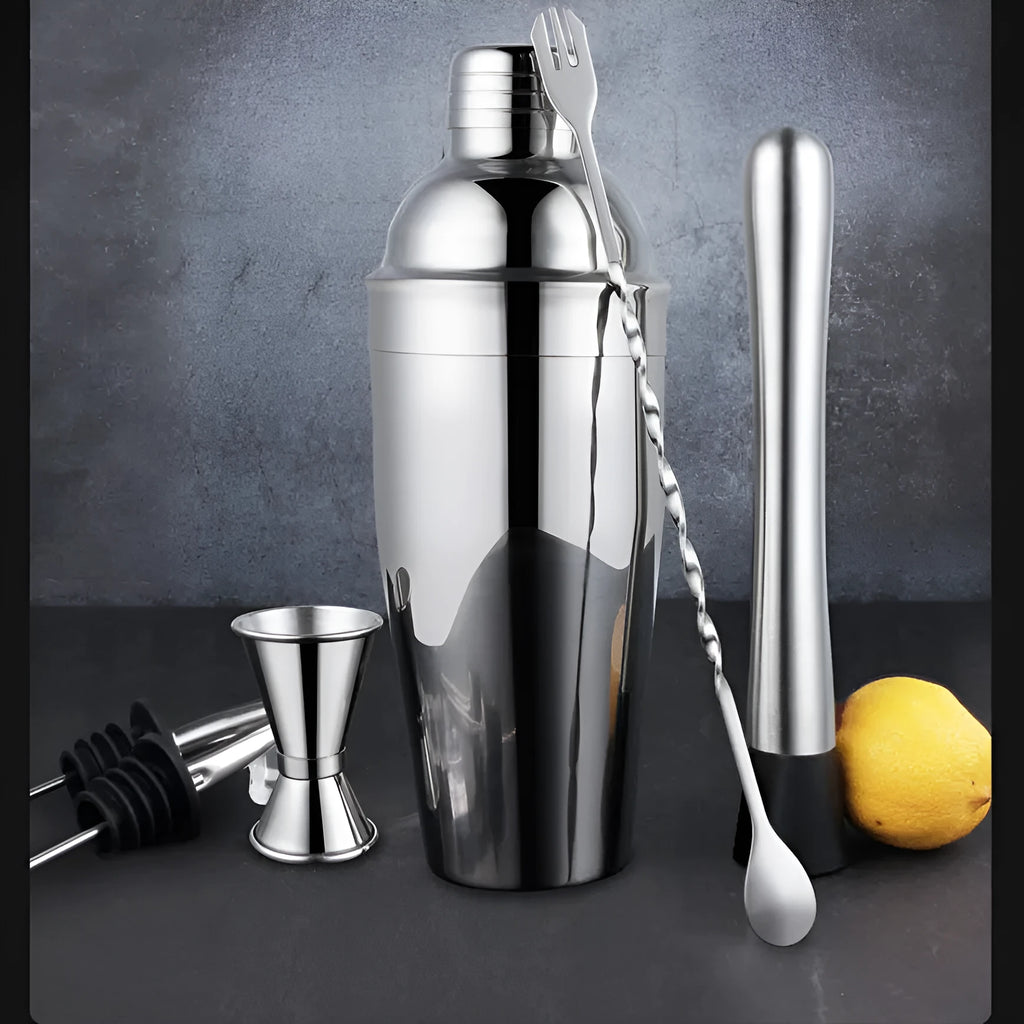 23-piece acrylic-European style stainless steel cocktail shaker and bar tool set.