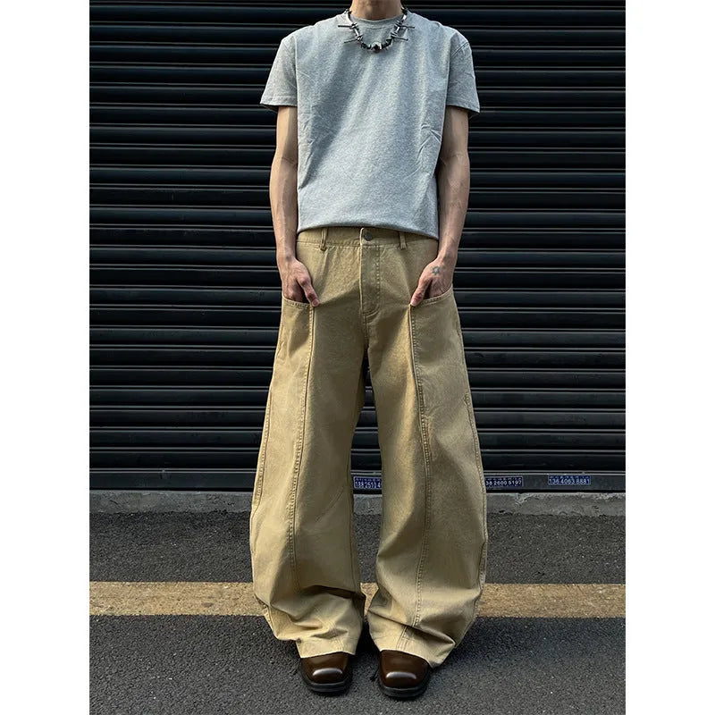 Men's khaki straight leg cotton casual trousers shown in solid colour with straight leg silhouette