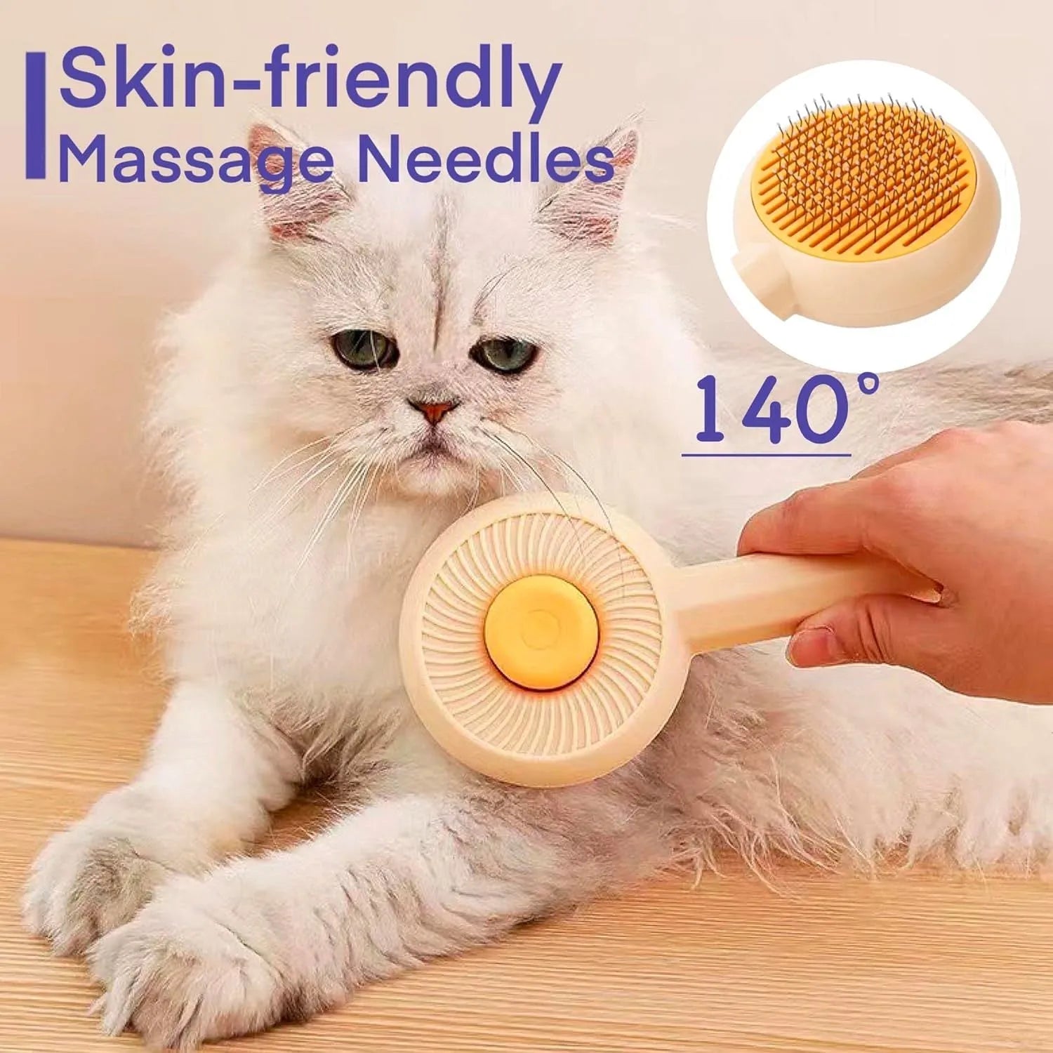 Blue self-cleaning pet grooming brush with angled stainless steel bristles and massage tips