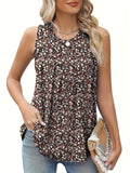 Black floral print sleeveless vest on hanger showing round neckline and loose fit for plus sizes