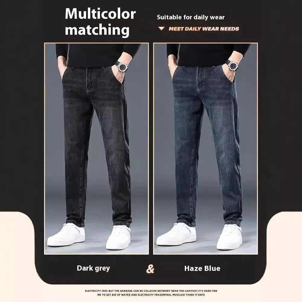 Man wearing blue grey slim straight casual trousers with a loose fit and zip fly for summer street fashion