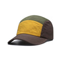 Men's curved brim baseball cap in cotton polyester fabric showing five-piece colour matching design