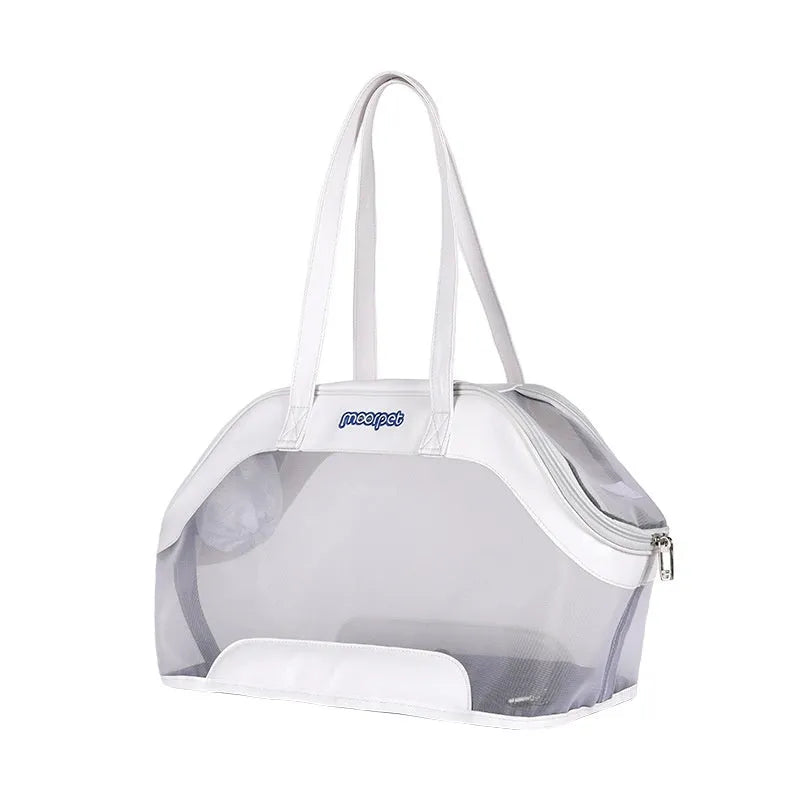 Leather cat outing carry bag with shoulder strap in beige colour