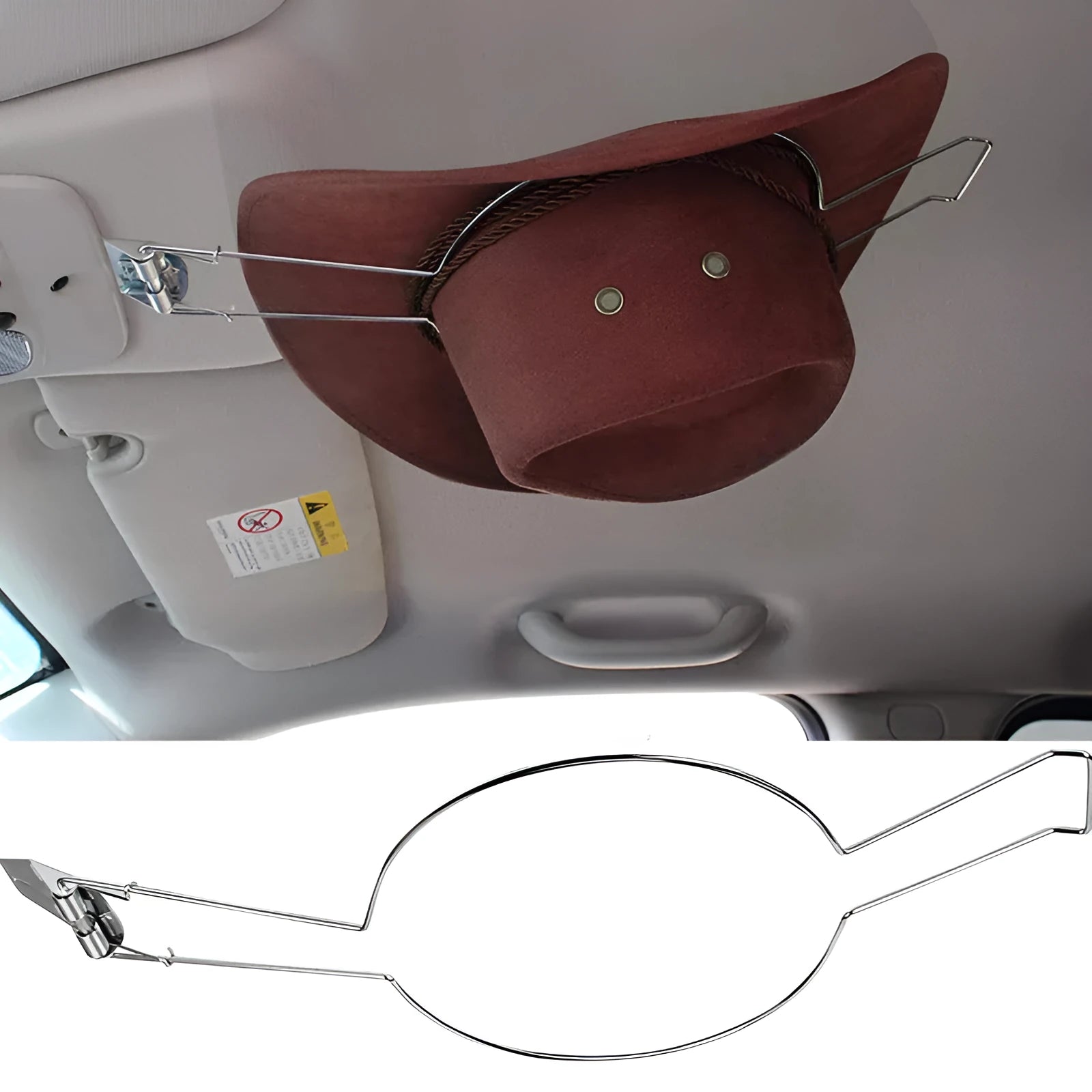 Brown chrome-plated metal car hat stand for caps and jackets.
