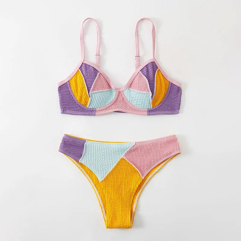Ladies colour matching push up bikini set with steel bracket construction and high-waisted shorts