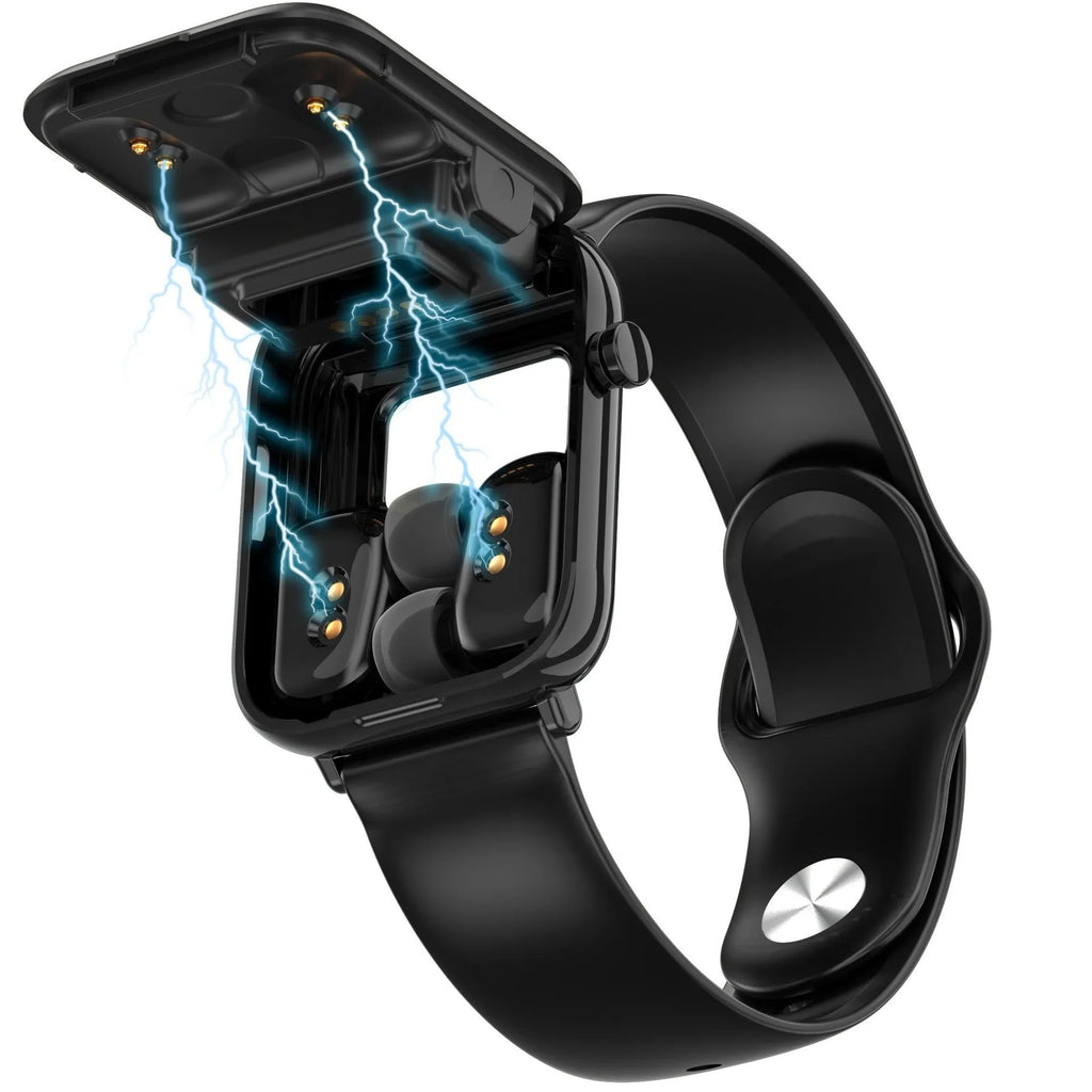 Black smart Bluetooth headset watch with full touch screen showing heart rate monitoring display