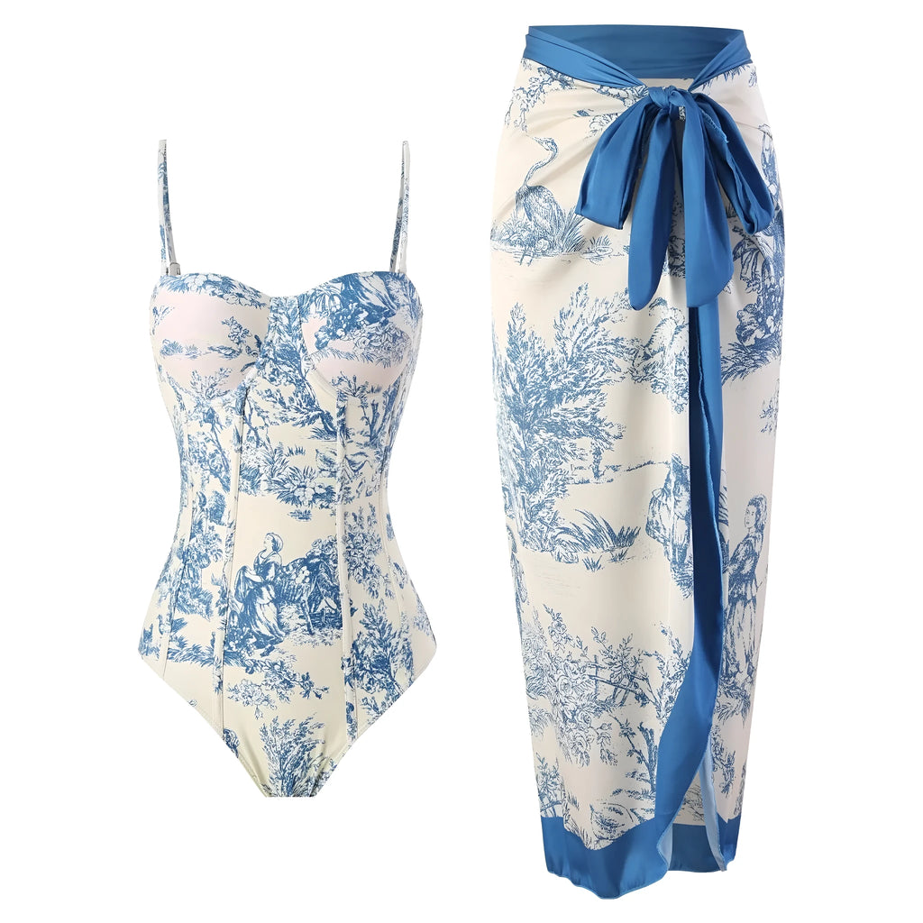 Blue patterned one-piece swimsuit for women with optional matching gauze skirt in polyester fabric