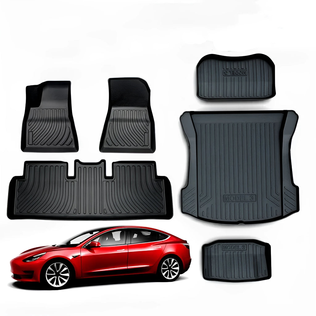 Rubber floor mats with TPE footrest designed for Tesla Model 3, Model Y, Model X, and Model S cars