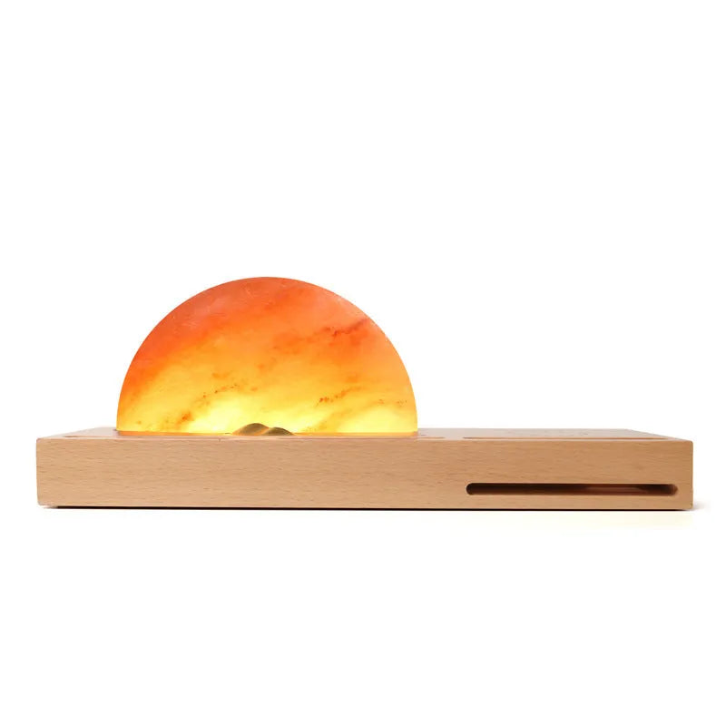 Sunrise Oriental wooden base table lamp with natural crystal salt shade and built-in wireless phone charging.