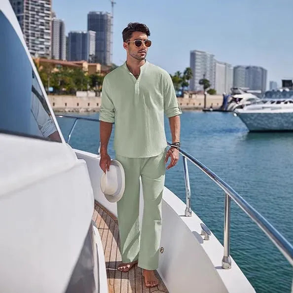 Men's solid colour casual cotton long sleeve trouser suit shown in available colours