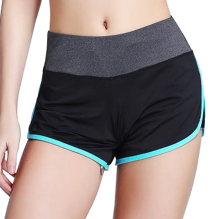 Women's fake two-piece sports fitness shorts with liner in milk silk fabric, blue colour, front view