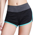 Women's fake two-piece sports fitness shorts with liner in milk silk fabric, blue colour, front view