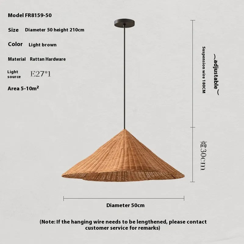 Silent Style natural rattan woven ceiling lamp with wind design, shown in 50cm diameter.