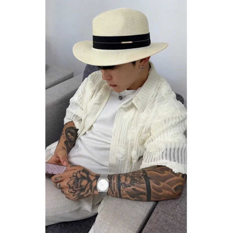 Heavy industry floral pattern short sleeve shirt with wool lining in milky white colour