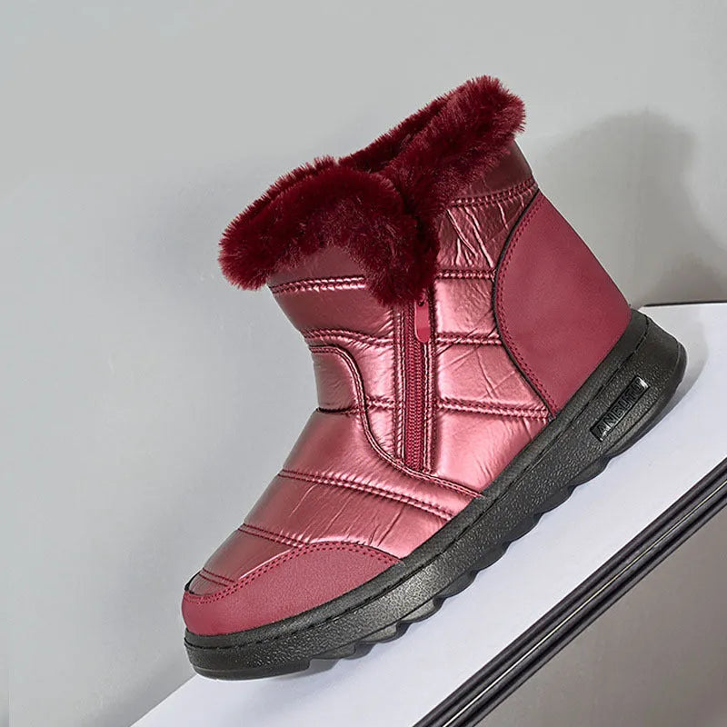 Women's fur winter snow boots with side zipper, high top, round toe, flat heel, available in black red silver