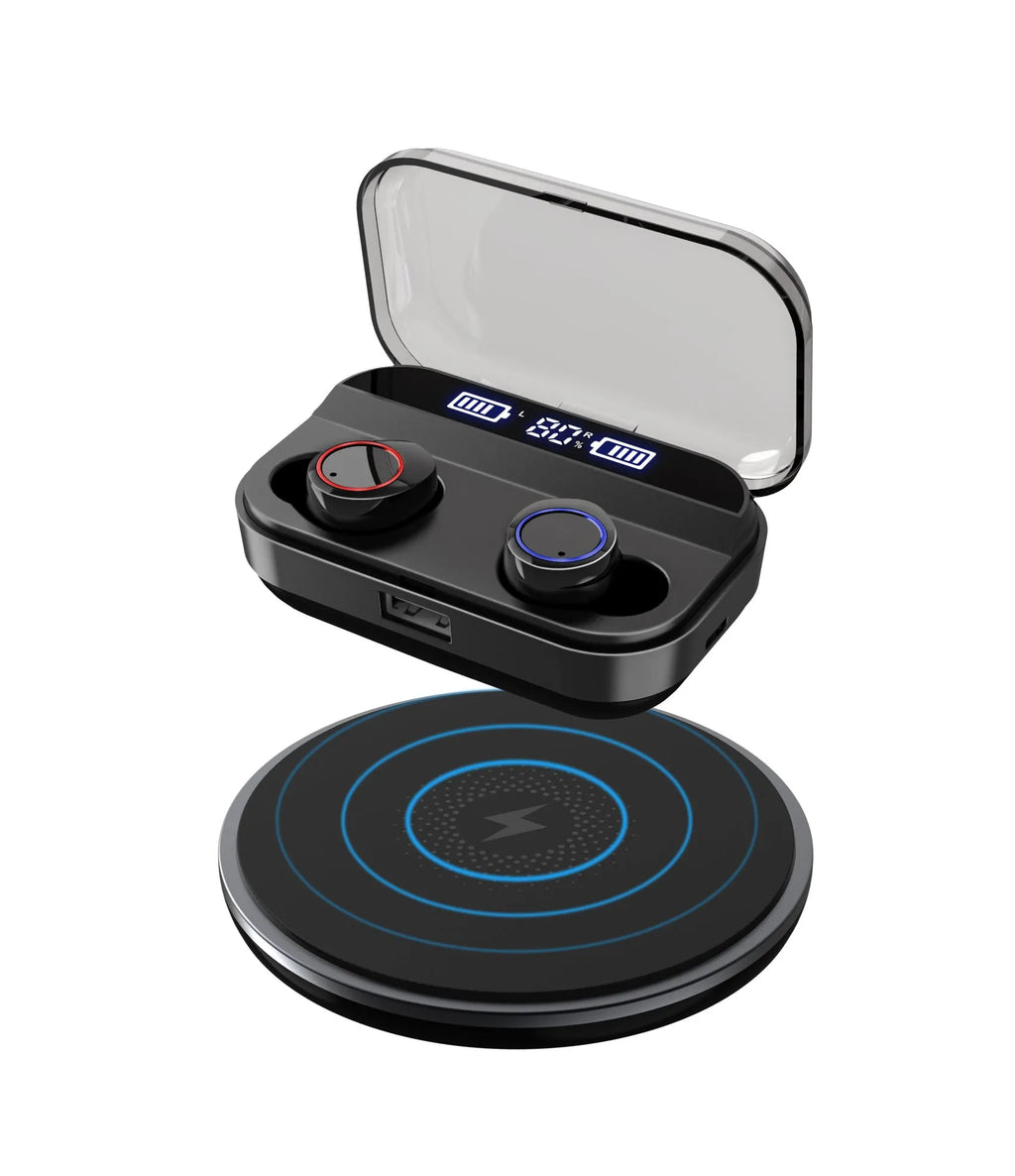 Black X11 wireless Bluetooth earbuds with charging case and six silicone ear tips on a grey background.