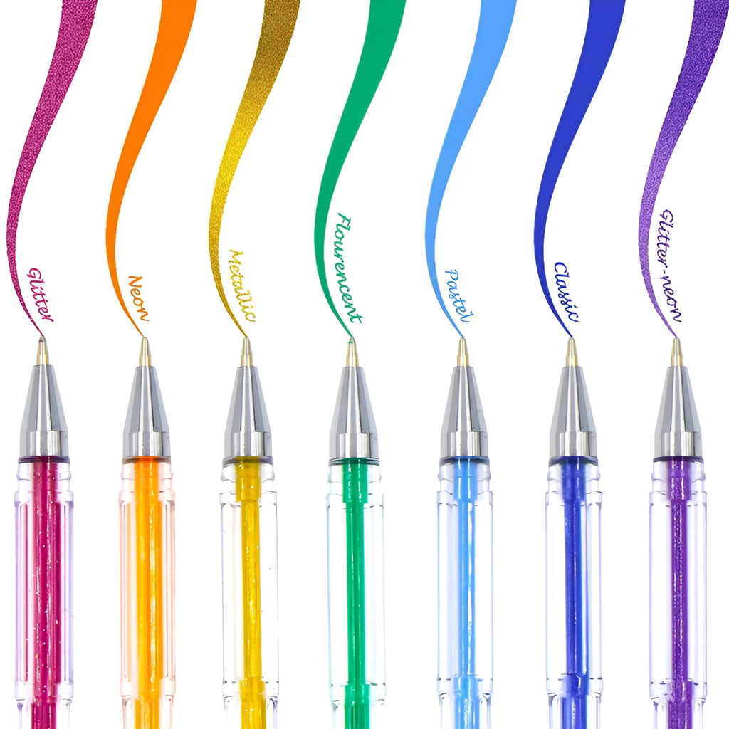 100-colour gel pen and watercolour pen set with highlighter pens showing dual tip sizes