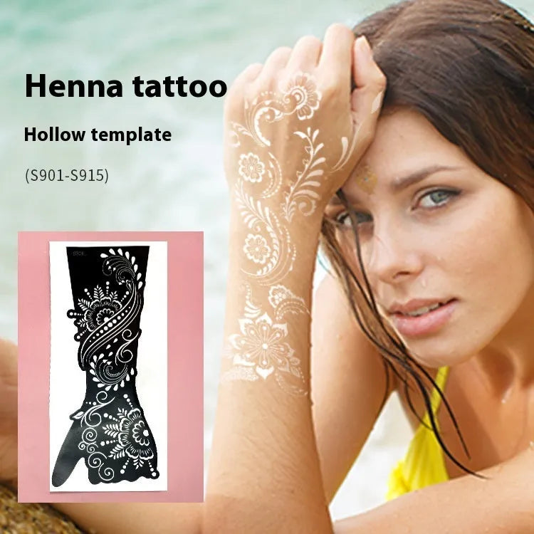 Hollow geometric tattoo template sticker sheet with 30 machine-cut designs showing three-dimensional paper carving