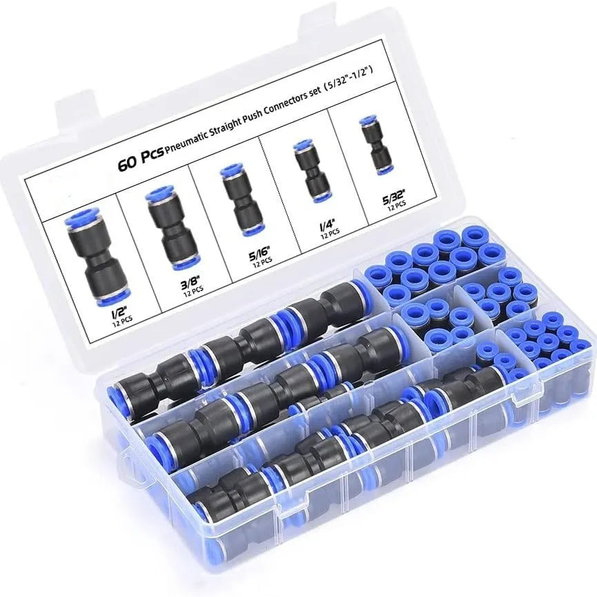 60-piece pneumatic connector set showing push-in fittings with R1/4 and R1/2 thread sizes