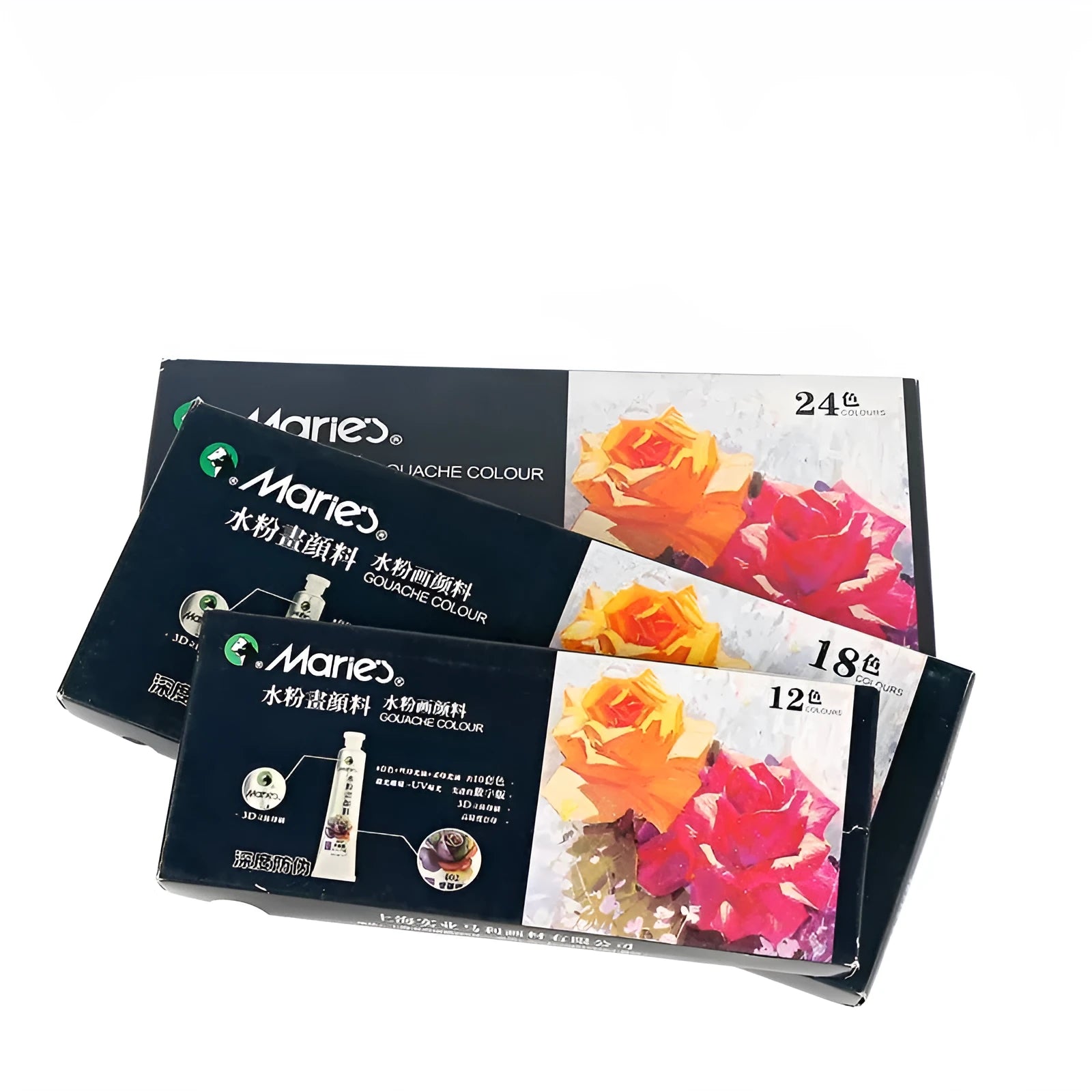 Gouache paint set box showing 12, 18 or 24 colour tubes in 5ml or 12ml sizes