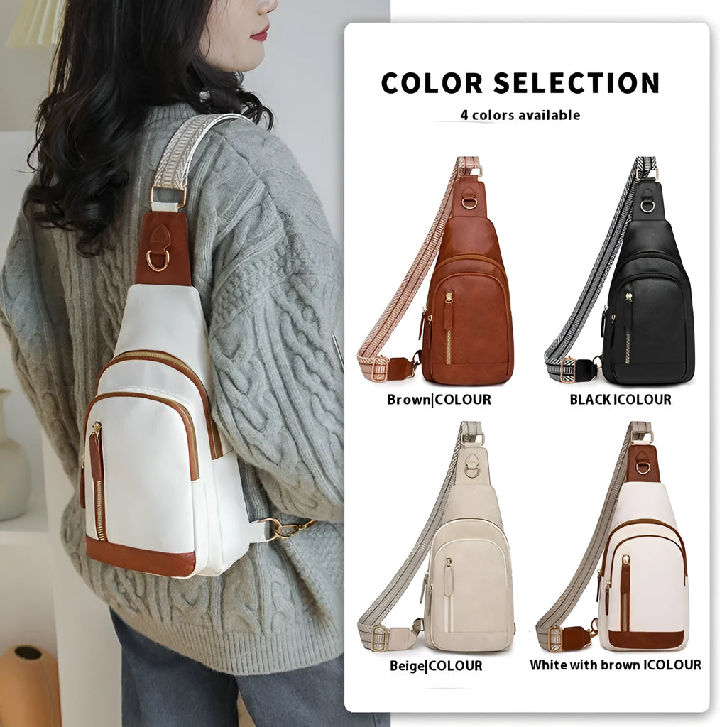 Women's soft PU leather chest messenger bag with zip compartments in beige colour